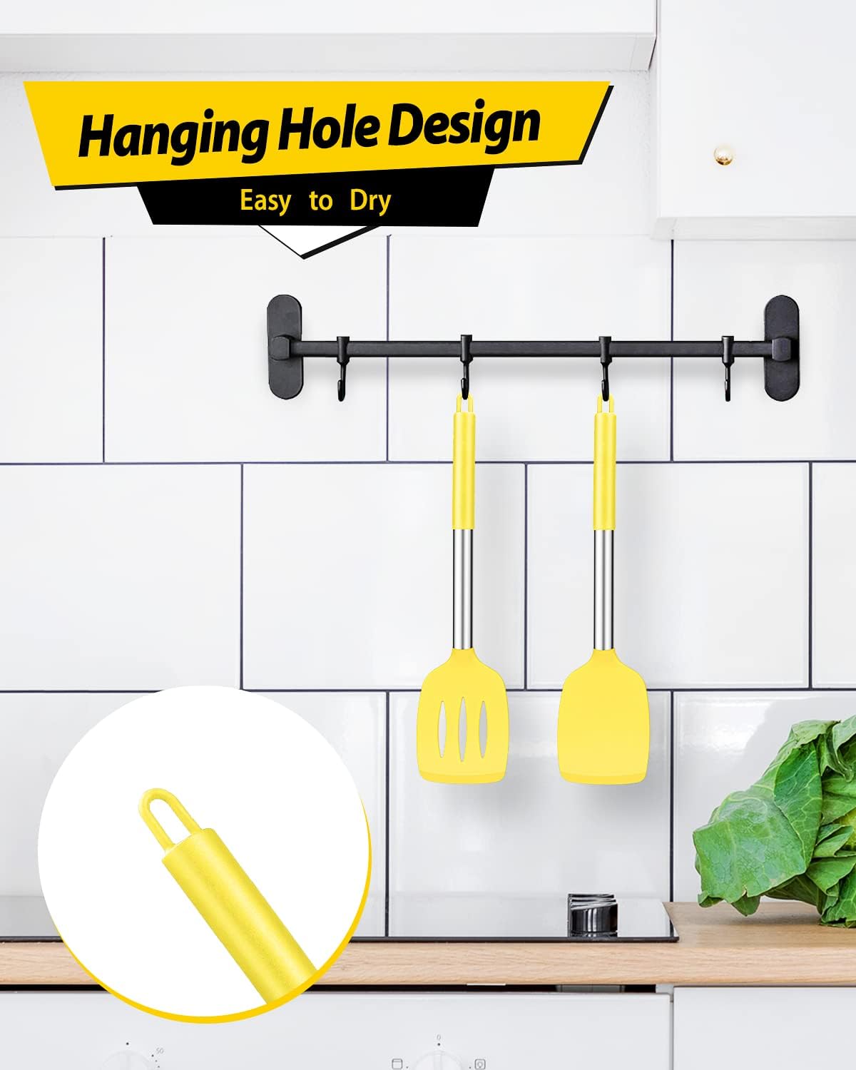 Pack of 2 Silicone Solid Turner, Non Stick Slotted Kitchen Spatulas, High Heat Resistant BPA Free Cooking Utensils, Ideal Cookware for Fish, Eggs, Pancakes(Black)