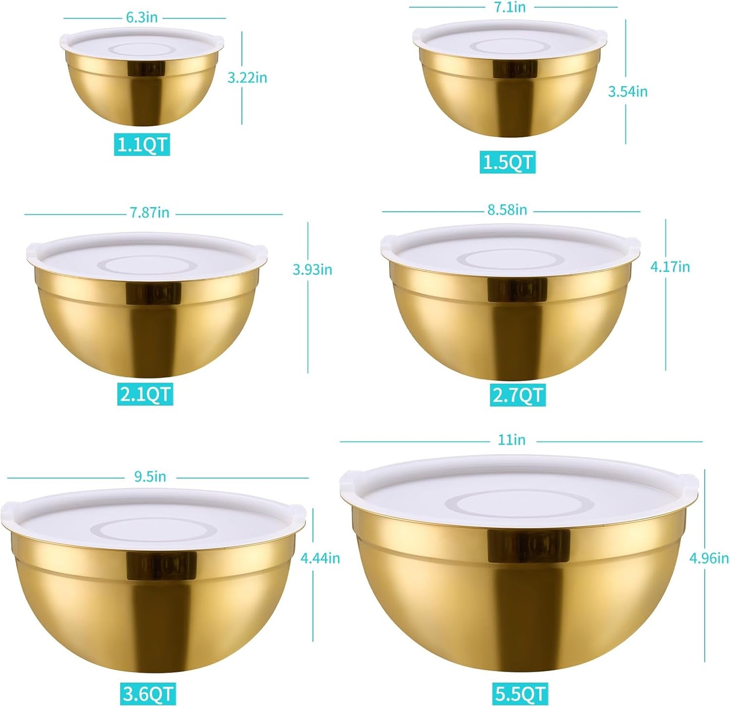 4 Piece Gold Mixing Bowls With Lids for Kitchen, Stainless Steel Set Ideal for Baking, Prepping, Cooking and Serving Food, Nesting Metal Bowls for Space Saving Storage