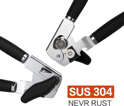 Can Opener Stainless Steel Manual Can Opener Easy Turn Knob Sharp Cutting Wheel Good Grips with Built-in Bottle Opener