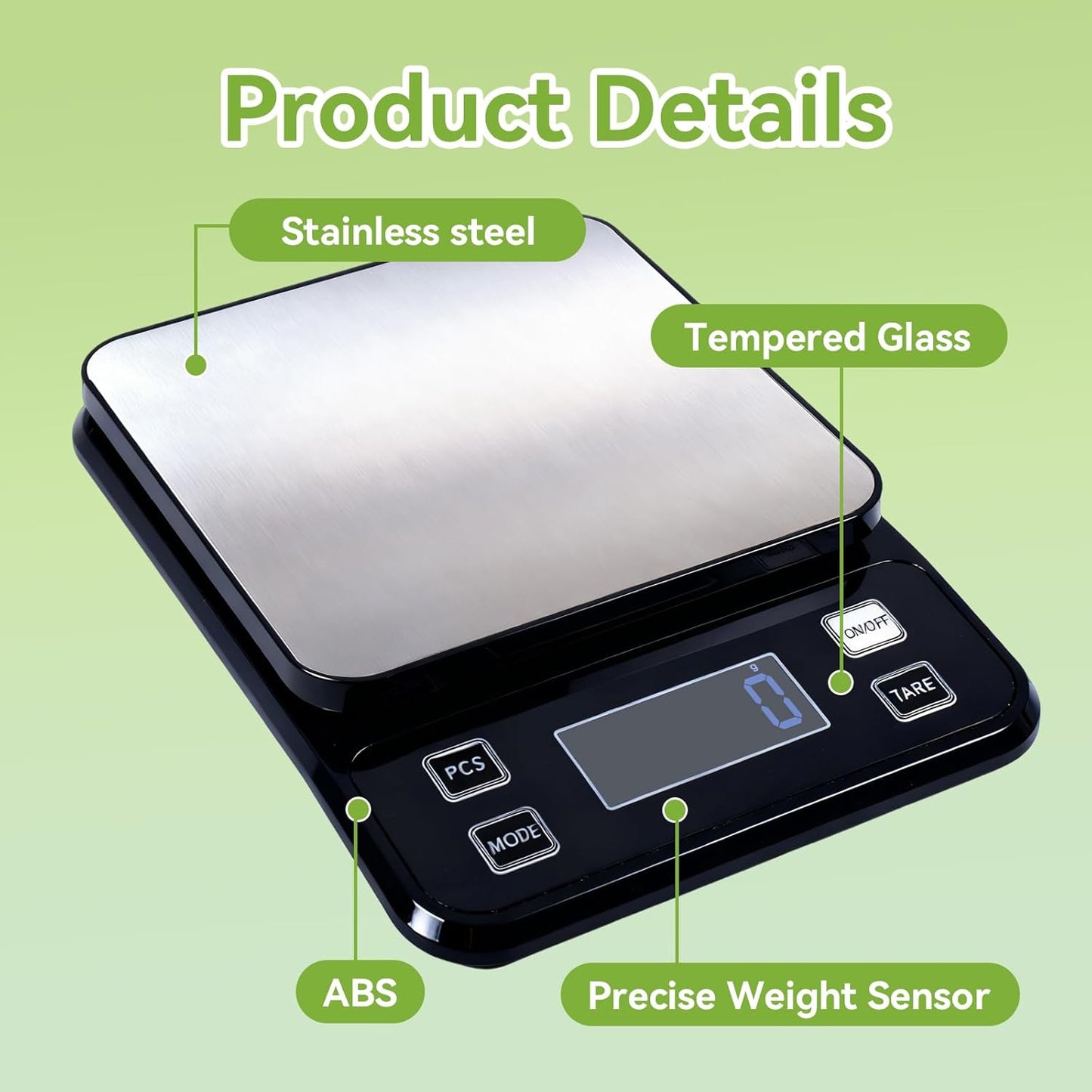 Digital Kitchen Scale, 33lb Food Scale Precisely Measures Grams and Ounces for Baking, Cooking, and Meal Prep, Rechargeable 304 Stainless Steel with LCD Display, Batteries and USB Charging Included