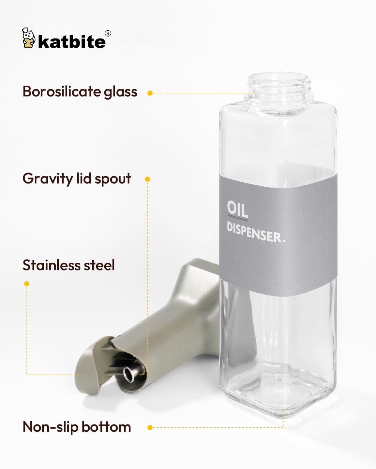 katbite 16oz Glass Olive Oil Dispenser Bottle for Kitchen Cooking - Leakproof Kitchen Essential with Precise Pouring Spout for Salad, Air Fryer, BBQ, Non-Stick Pans, Easy Refill and Use, Light Grey