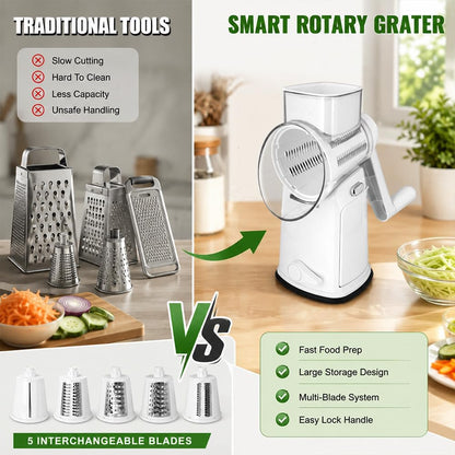 Rotary Cheese Grater Hand Crank, 5 In 1 Shredder with Handle, Vegetable Slicer Mandoline Food Chopper, Strong Suction Base Kitchen Gadget for Cheese Vegetables Nuts – White