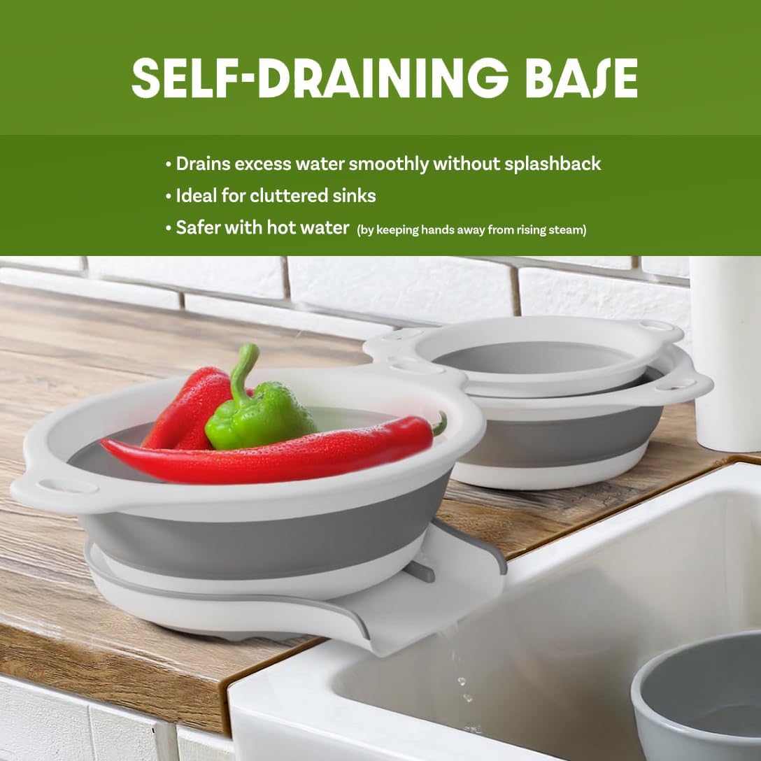 Gevoli Collapsible Colanders with Self-Draining Base for Edge of Sink, Food Strainers (Small/Med/Large), Nested Design for Easy Storage (Red, Blue, Green) (4PC Set)