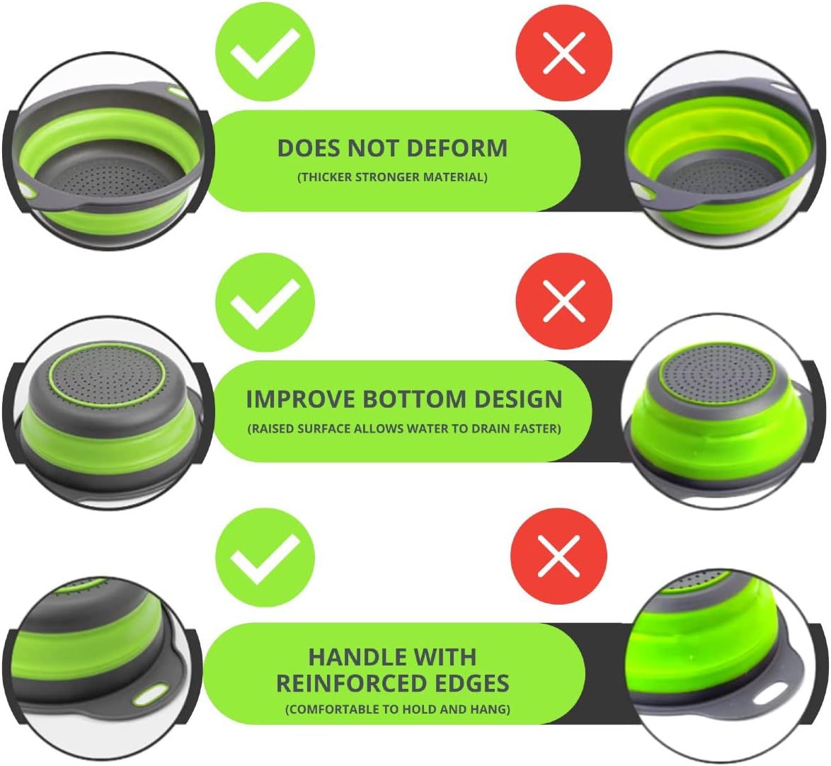 Green Kitchen Strainer Colander Set - 2 PCS Multifunctional Colander Silicone Food Strainers for Kitchen for Pasta and Spaghetti Collapsible with Plastic Handles