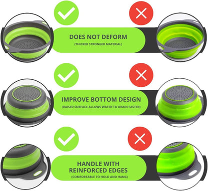 Green Kitchen Strainer Colander Set - 2 PCS Multifunctional Colander Silicone Food Strainers for Kitchen for Pasta and Spaghetti Collapsible with Plastic Handles