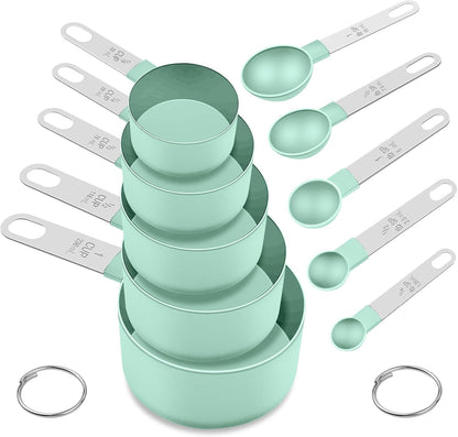 Measuring Cups and Spoons Set, 10 Pieces Nesting Measure Tools, Kitchen Essentials Gadgets with Stainless Steel Handle for Dry & Liquid Ingredient, Pink