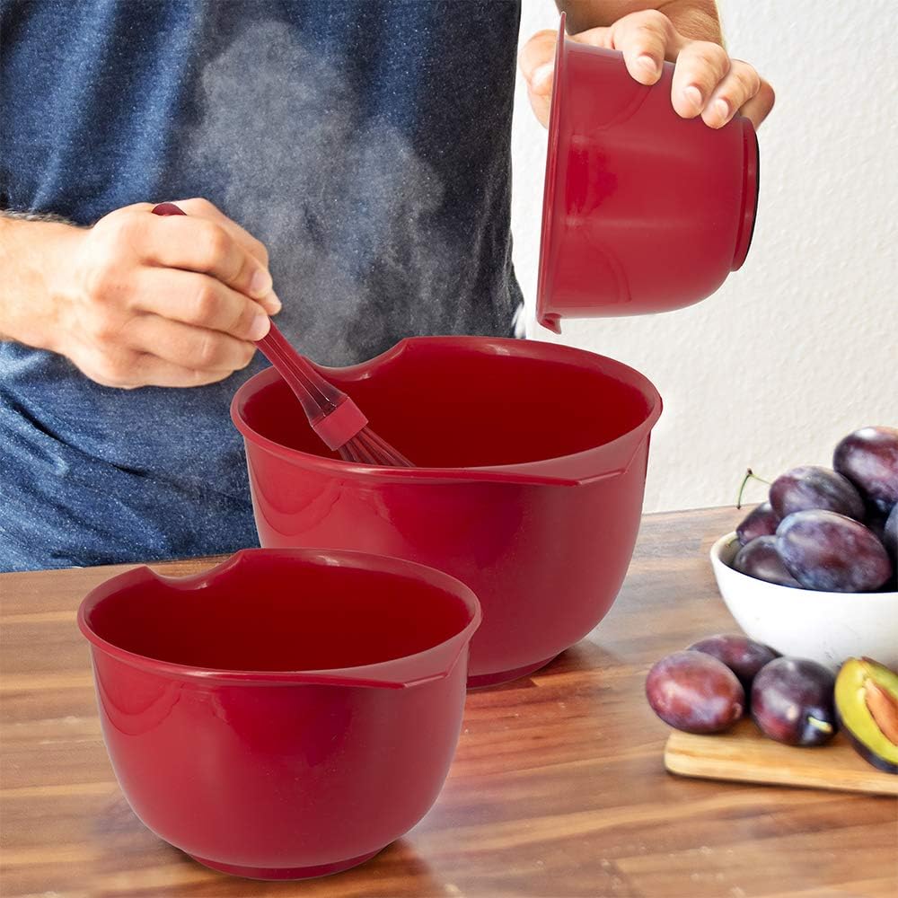 Glad Mixing Bowls with Pour Spout, Set of 4 - Nesting Plastic Bowls (1.2qt, 1.9qt, 2.8qt, and 3qt with Handle) - Non Slip Base, Dishwasher Safe Kitchen Cooking and Baking Supplies, Grey