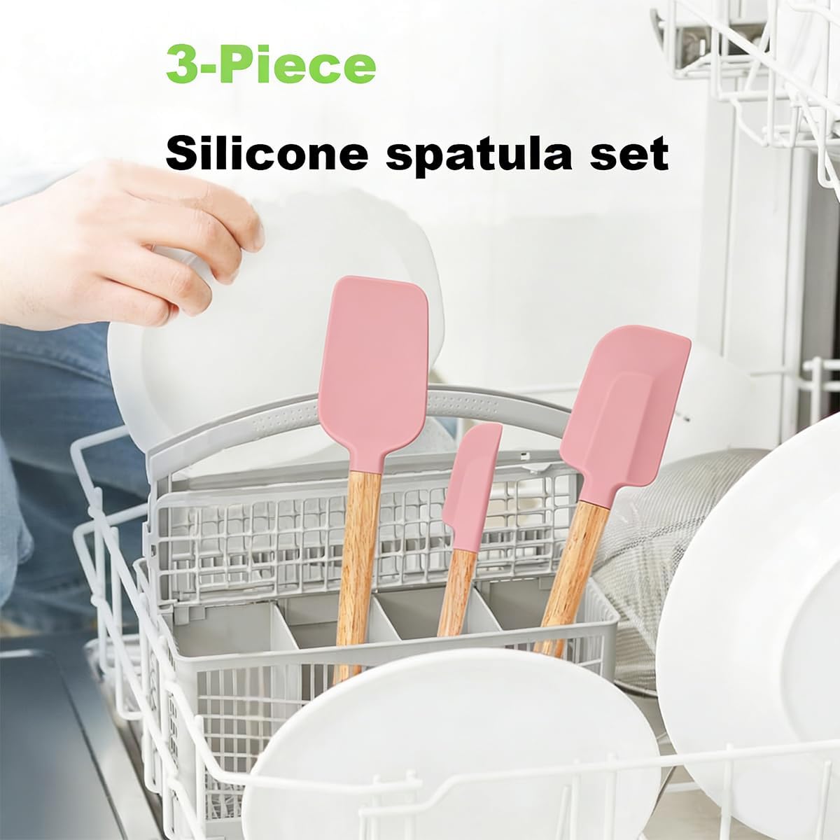 3PCS Silicone Spatula Wooden Handle Set, Heat Resistant Silicone Spatula, Spatulas Silicone Heat Resistant Wood, Rubber Spatula for Baking Non-Stick Cooking Mixing, Beige & Green & Pink