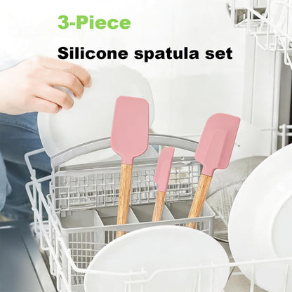 3PCS Silicone Spatula Wooden Handle Set, Heat Resistant Silicone Spatula, Spatulas Silicone Heat Resistant Wood, Rubber Spatula for Baking Non-Stick Cooking Mixing, Beige & Green & Pink