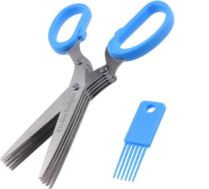 Herb Scissors - with Kitchen Gadgets Retail Package - Multipurpose Kitchen Shears - 5 Extremely Sharp Stainless Steel Blades - Handy Cleaning Comb - Multi Blade - Time-Saving - Chop Herbs