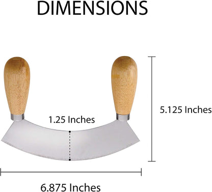 HIC Kitchen Mezzaluna Rocking Chopper And Mincing Knife With Double Handles, Stainless Steel, Rubberwood, For Herbs Vegetables Nuts And More