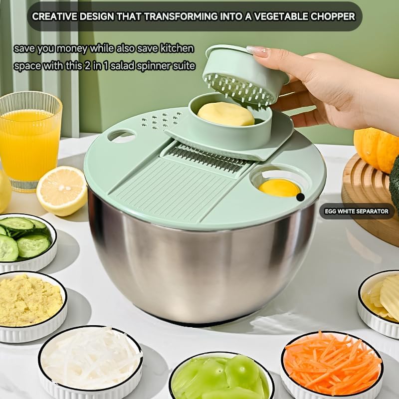 5 IN 1 Salad Spinner + Vegetable Chopper Peeler + Egg Yolk Separator, Large Lettuce Spinner Washer Dyer, with 5 Blades Slicer Cutter Veggie Chopper (304 Stainless Steel Bowl)
