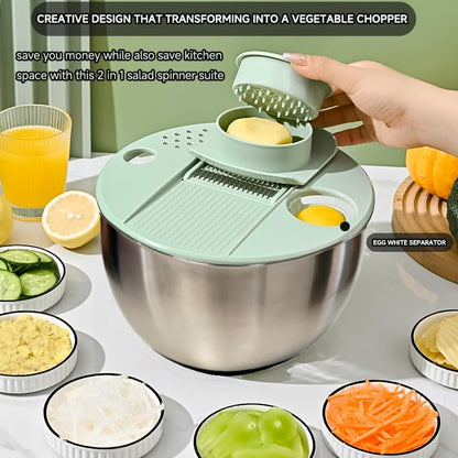5 IN 1 Salad Spinner + Vegetable Chopper Peeler + Egg Yolk Separator, Large Lettuce Spinner Washer Dyer, with 5 Blades Slicer Cutter Veggie Chopper (304 Stainless Steel Bowl)