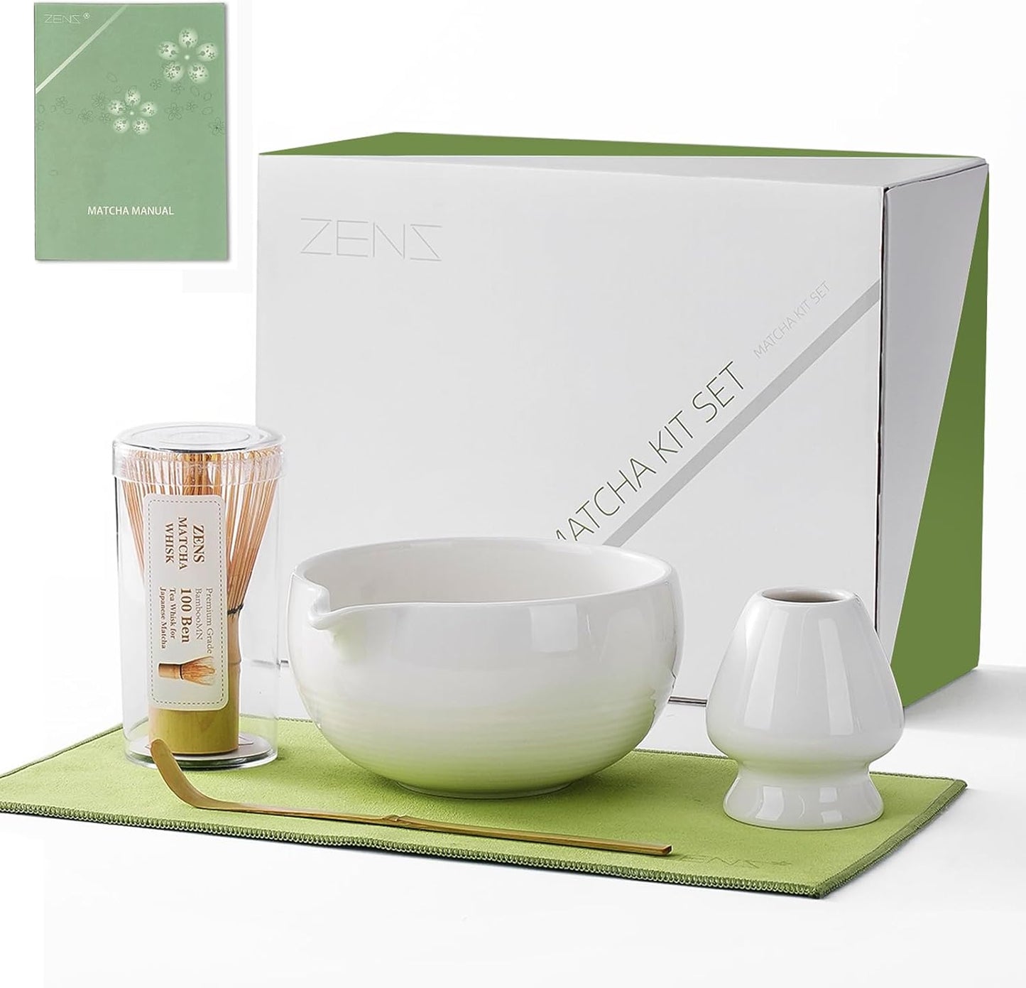 ZENS Pink Matcha Set, Matcha Whisk Set Includes 15oz Ceramic Bowl & (Chasen Holder), Bamboo Whisk & Scoop, Sifter and Pink Tea Towel, 6pcs Matcha Kit for Matcha Lovers