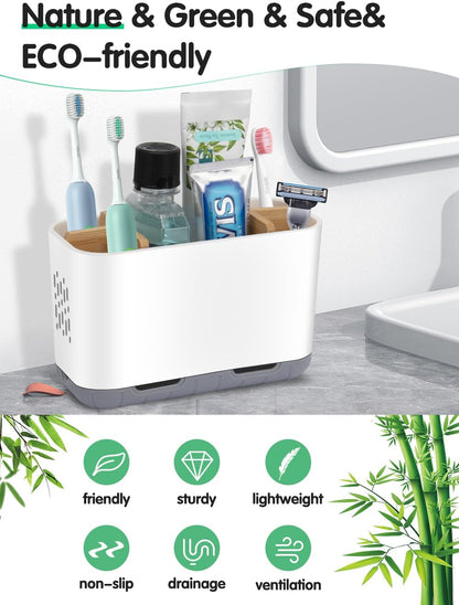 GFWARE Toothbrush Holders for Bathrooms, 5 Slots Bamboo Toothbrush Holder Kids Electric Toothbrush Holder and Toothpaste Holder for Bathroom Countertop Accessories Storage, Marble Toothbrush Organizer