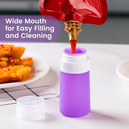MICEBAY Condiment Squeeze Bottles for Sauces, 2-oz Mini Silicone Salad Dressing Container to Go with Reusable Sandwich Bag, Leakproof Ketchup Bottle for Bento Lunch Box, 4 Pack, Candies