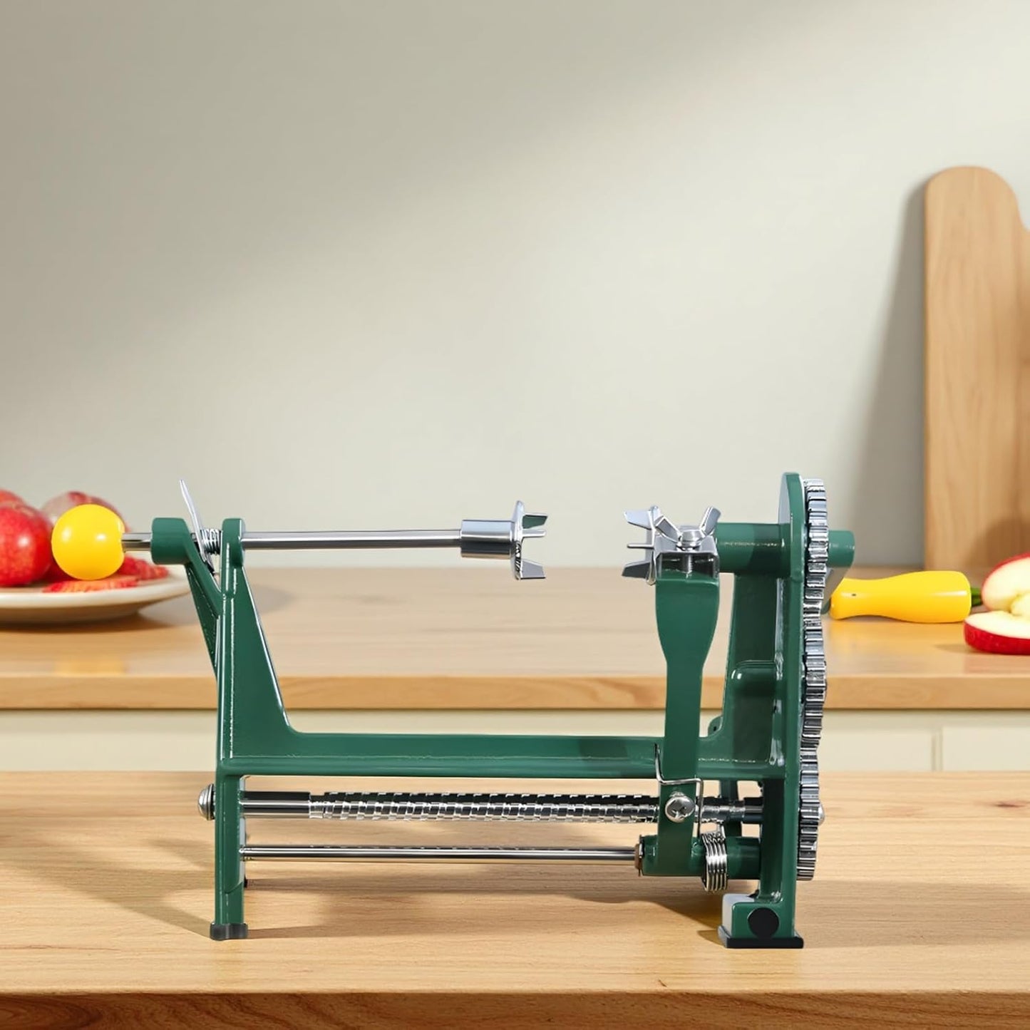 Hand Crank Apple Peeler Slicer Corer, Heavy Duty Metal Fruit Peeler with Adjustable Thickness Blade, Gear-Driven Potato Slicing Machine with Double-Forked Lock for Kitchen, Yellow Green