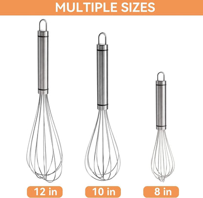 3 Pack Metal Whisk Set 8'' 10'' 12'', Manual Mini Whisk for - Egg, Balloon, Cooking, Blending, Beating, Stirring
