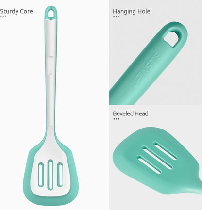 600ºF Heat Resistant Slotted Turner: U-Taste 13.6in Silicone Kitchen Spatula Flipper, 3.74in Wide Food Grade Flexible Thin Rubber Cooking Utensil for Egg, Pancake, Cookie in Nonstick Cookware (Red)