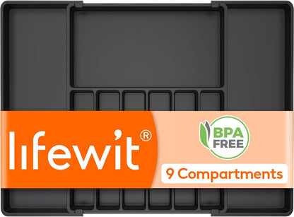 Lifewit Silverware Drawer Organizer, Expandable Utensil Tray for Kitchen, BPA Free Flatware and Cutlery Holder, Adjustable Plastic Storage for Spoons Forks Knives, 11-18 x 14", Black