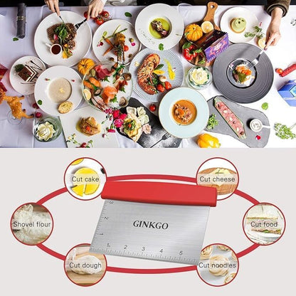 GINKGO Bench Dough Scraper Chopper Stainless Steel Kitchen Utensil Multipurpose Pastry/Food Cutter Scraper Tool for Cake, Pizza, Bread, BBQ - Red