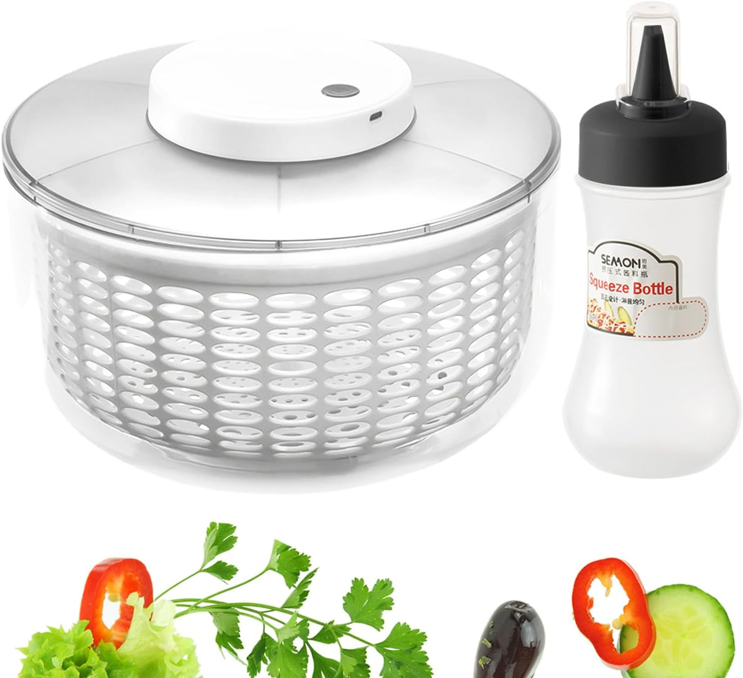 Electric Salad Spinner,6L Large Capacity Automatic Vegetables Fruit Washer Dryer Drainer Strainer,USB Charge Lettuce Spinner Cleaner with 350 ml Squeeze Bottle for Home Kitchen