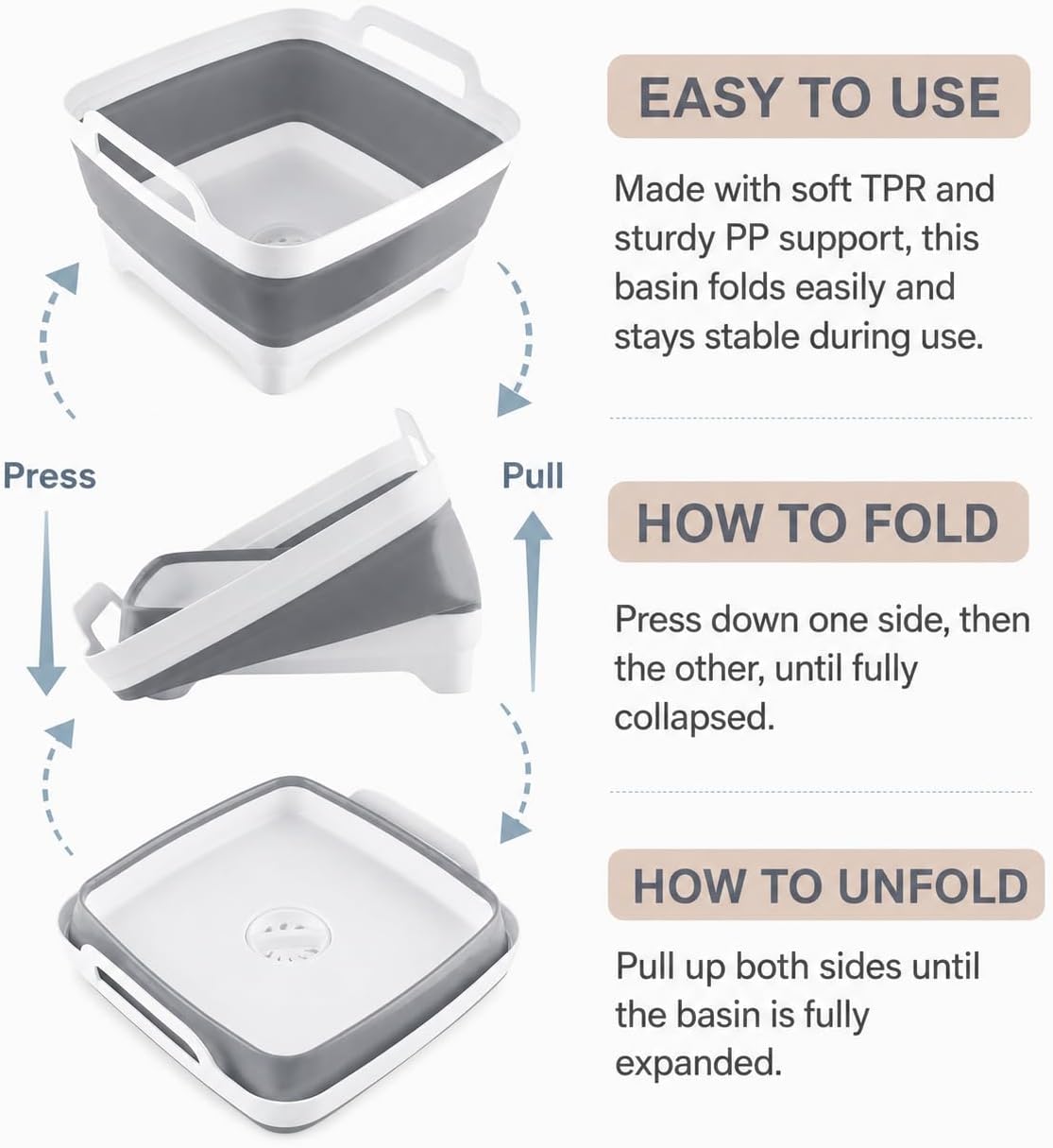 2.4 Gal(9L) Collapsible Dish Basin with Drain Plug, Space Saving Outdoor Multiuse Foldable Sink Tub, Dishpan, Kitchen Storage Tray for Camping, Vegetable Washing, RV (Gray)