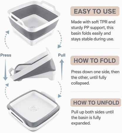 2.4 Gal(9L) Collapsible Dish Basin with Drain Plug, Space Saving Outdoor Multiuse Foldable Sink Tub, Dishpan, Kitchen Storage Tray for Camping, Vegetable Washing, RV (Gray)