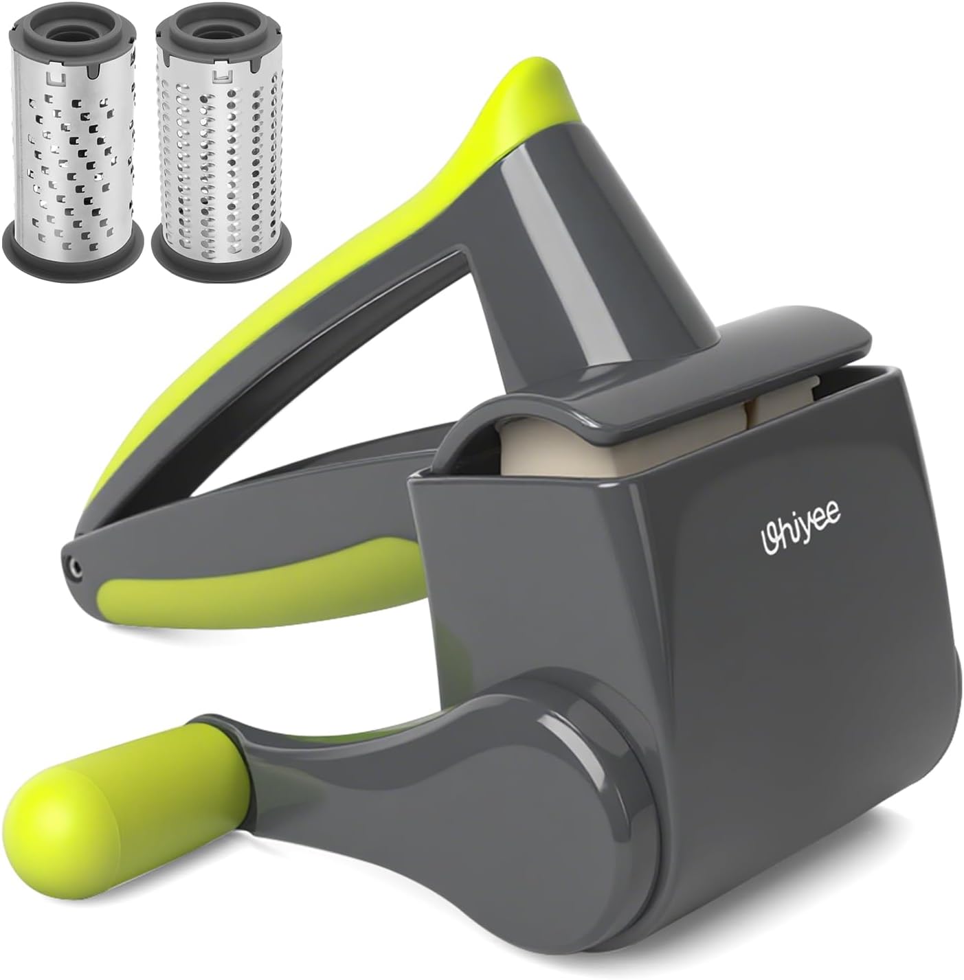 UHIYEE Patented Rotary Parmesan Cheese Grater, Hand Crank Cheese Shredder with Fine & Coarse Drums, Restaurant Quality, White, Stainless Steel & ABS, Dishwasher Safe
