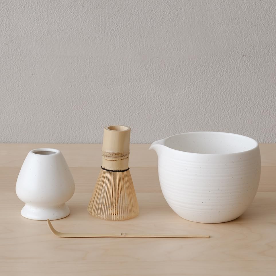 Matcha Whisk Set, Ceramic Matcha Bowl & Whisk Holder, Bamboo Accessory, Modern Design (Matte Crème, Pouring Spout) (Matte Crème)