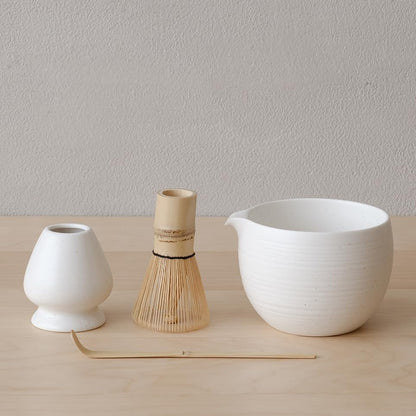 Matcha Whisk Set, Ceramic Matcha Bowl & Whisk Holder, Bamboo Accessory, Modern Design (Matte Crème, Pouring Spout) (Matte Crème)