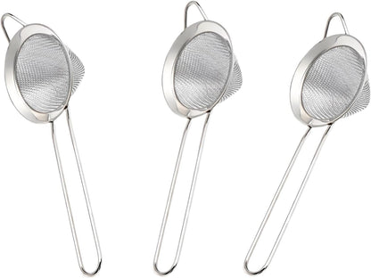 3-Piece Stainless Steel Fine Mesh Strainer Set - Conical Tea & Cocktail Filter for Loose Leaf, Food, Bar Use - Ergonomic Durable Kitchen Colander Tool