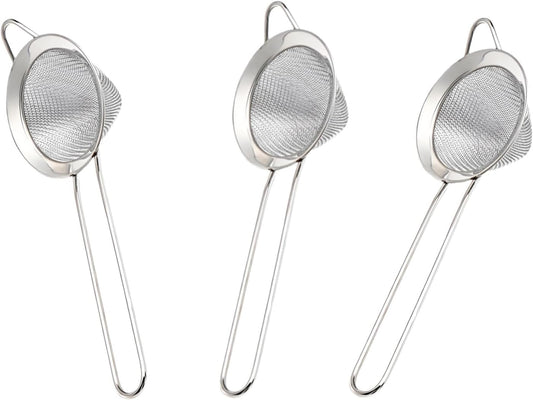 3-Piece Stainless Steel Fine Mesh Strainer Set - Conical Tea & Cocktail Filter for Loose Leaf, Food, Bar Use - Ergonomic Durable Kitchen Colander Tool
