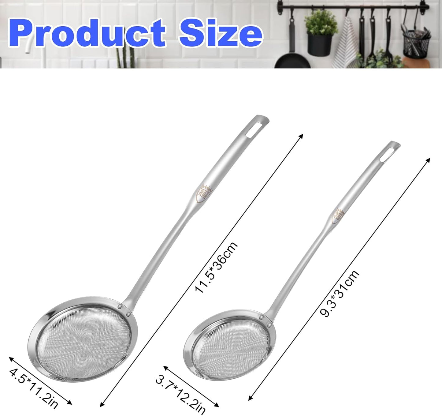 Stainless Steel Fine Mesh Strainer Set of 4, 2 Sizes Fine Mesh Kitchen Sieve for Cooking, Long Handle Food Strainer Skimmer Spoon Grease Separator