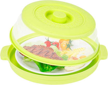 10.7 Inch Microwave Food Cover with Heat Insulation Mat, Anti-Scald Collapsible Microwave Splatter Cover, Multi-Functional as Colander & Fruit Plate, Dishwasher Safe, Ideal for Meal Prep (Gray)