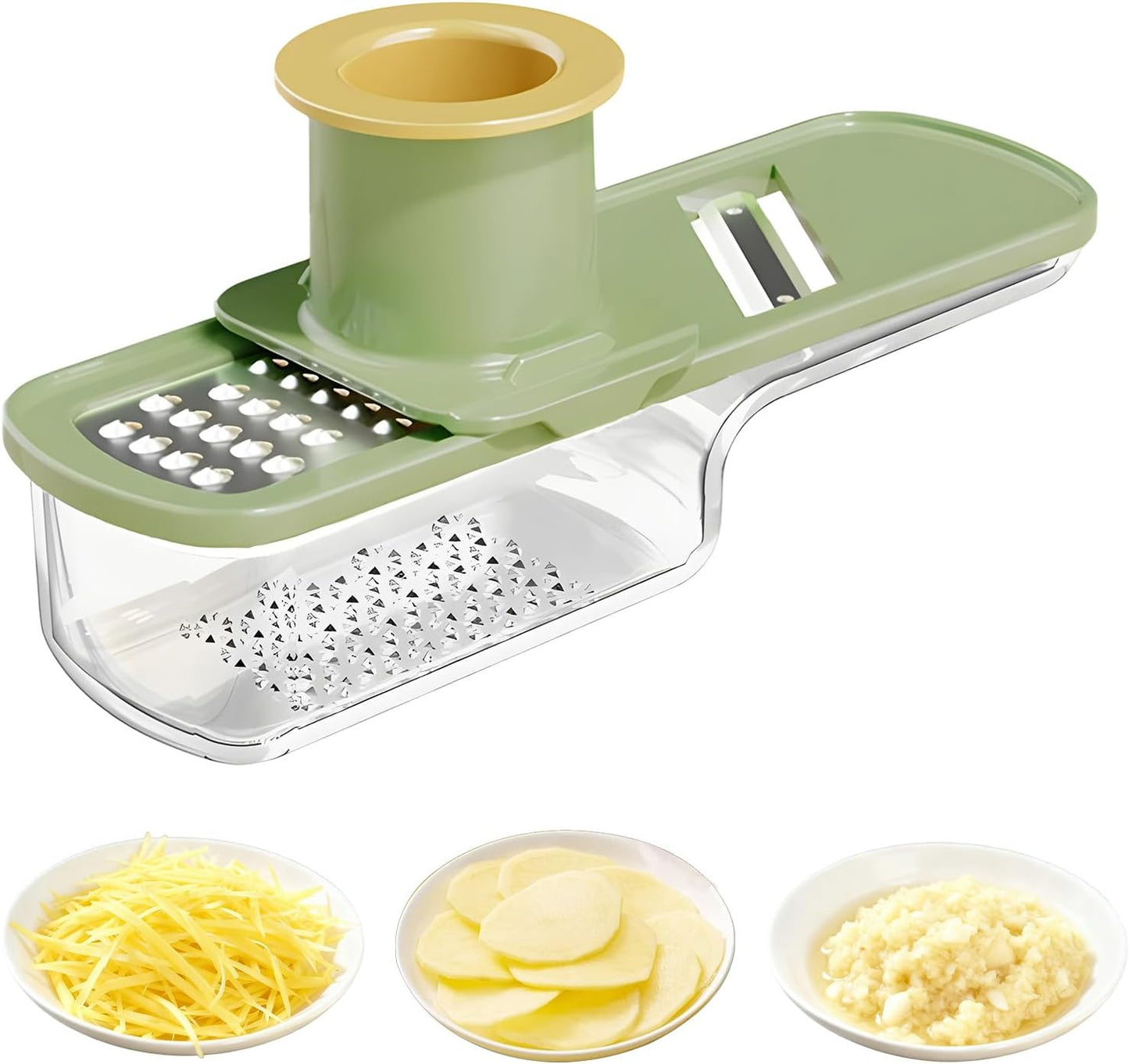 Mini Garlic Slicer,Functional Mandoline Slicers,Veggie Shredder,3 in 1 Ginger Garlic Grater with Hand Guard, Grinder Vegetable Mandoline Cutter with Container (Green)