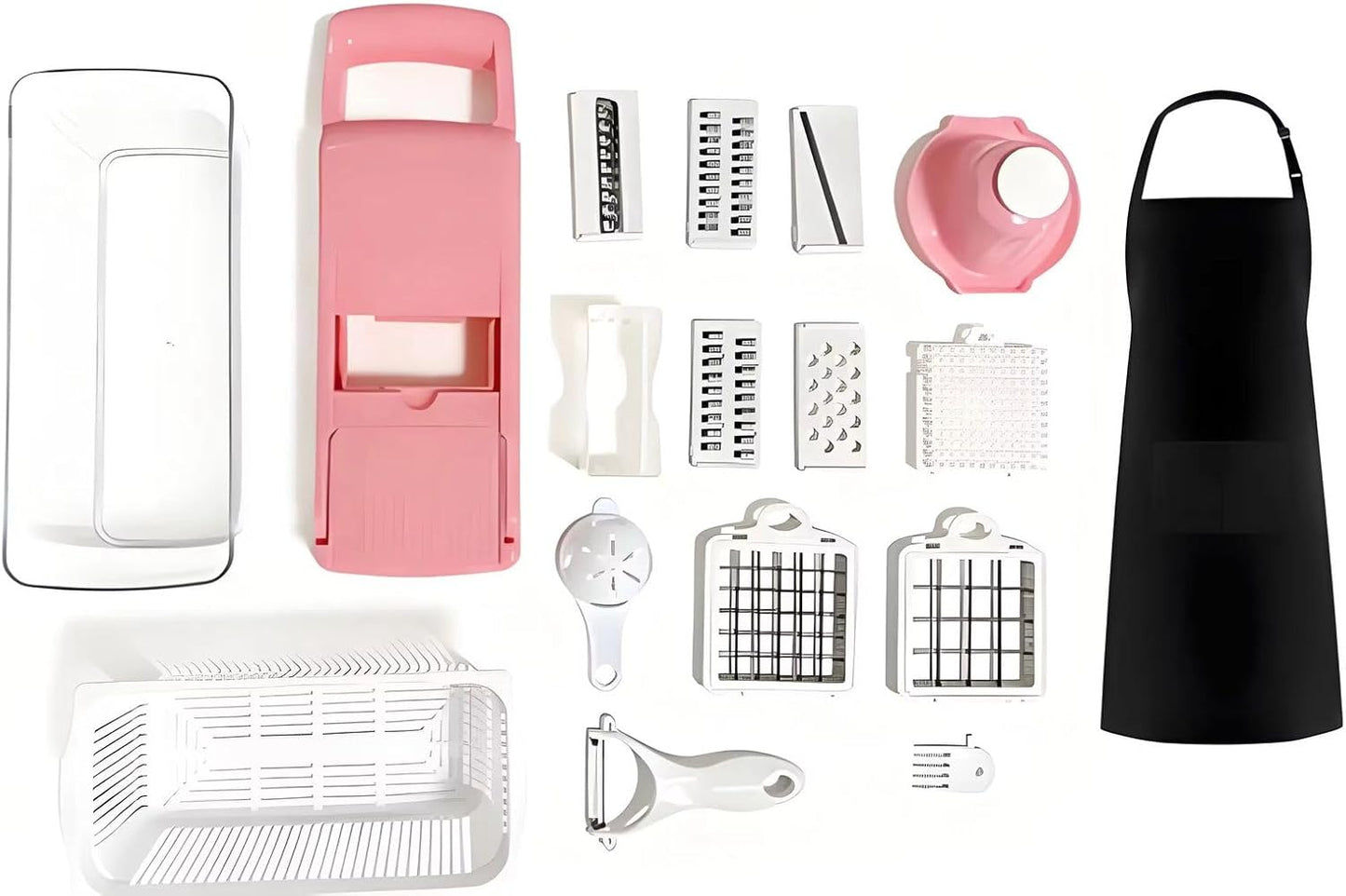 Kalmat Dynamics Food Chopper and Vegetable Slicer, 16-in-1 Multi-Function Kitchen Chopper with 7 Blades and Container, Free Black Cooking Apron (Pink+White)