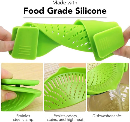 Clip‑On Pot Strainer Silicone Gray Dishwasher‑Safe Side‑Mount Design 9.4×4.6×2.5 Inches | Snap Drain Colander for Pans Bowls Skillets | Heat‑Resistant Kitchen Gadget Splash‑Guard