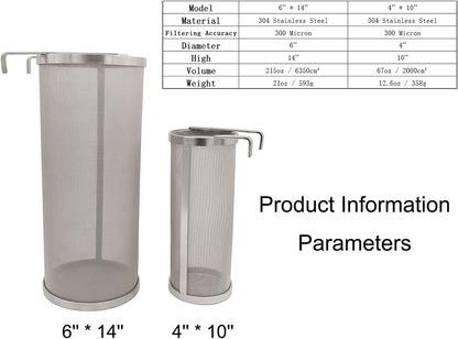 Hop Hopper Spider Strainer Basket Filter for Homebrew Hops Beer & Tea Brewing Bucket Fermenter Kettle, 304 Stainless Steel 300 Micron Mesh - 4" x 10"