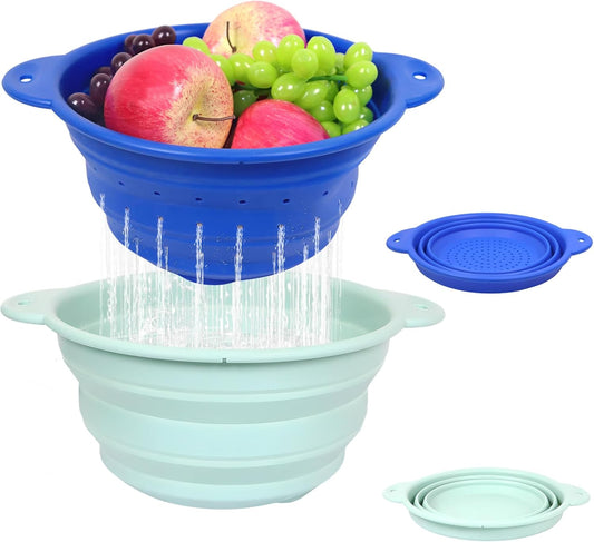 Collapsible Silicone Colander Basin Set, Thickened Strainer bowl, for Kitchen, RV, Camping, Draining Pasta, Washing Fruit, Vegetable