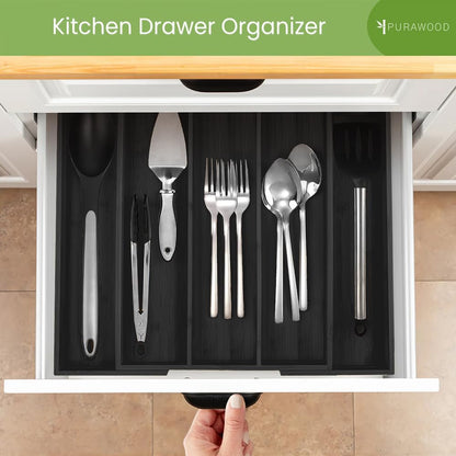 Purawood Bamboo Drawer Organizer - Expandable Silverware Organizer & Utensil Drawer Organizer, Cutlery Tray with Dividers, 7-9 Slots- Kitchen Organizer for Utensils & Flatware (Natural)
