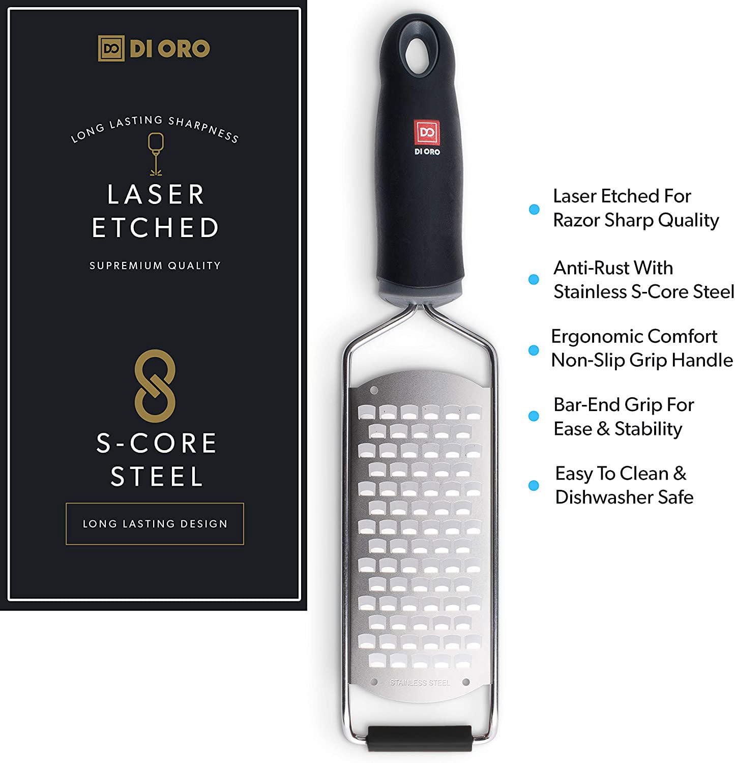DI ORO Cheese Grater with Handle - Graters for Kitchen Stainless Steel - Flat Hand Held Kitchen Grater for Shredding Vegetables & Food - Rust-Proof Heavy Duty Metal Hand Grater for Cooking & Grating