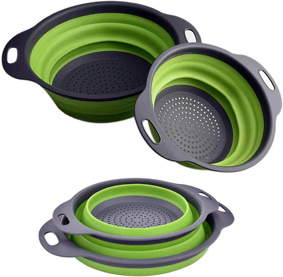 Alnicov 2PCSs Collapsible Colander,Silicone Vegetable/Fruit Flexible Strainer,Folding Strainer for Kitchen Green