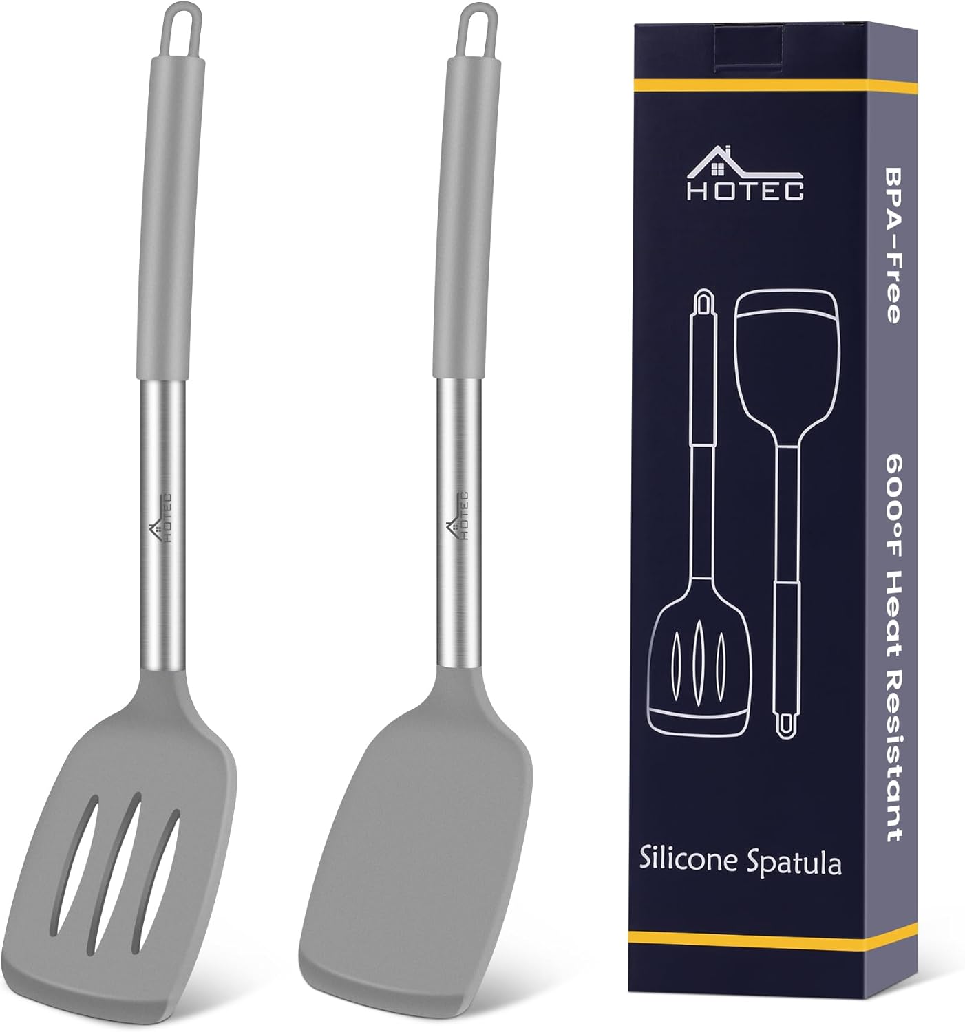 HOTEC Silicone Spatula Set of 2, High Heat-Resistant & BPA-Free Kitchen SaptulaTurner with Stainless Steel Handles, Slotted & Solid Spatulas for Nonstick Cookware, 13.7 Inch, Black