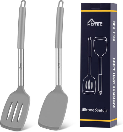 HOTEC Silicone Spatula Set of 2, High Heat-Resistant & BPA-Free Kitchen SaptulaTurner with Stainless Steel Handles, Slotted & Solid Spatulas for Nonstick Cookware, 13.7 Inch, Black