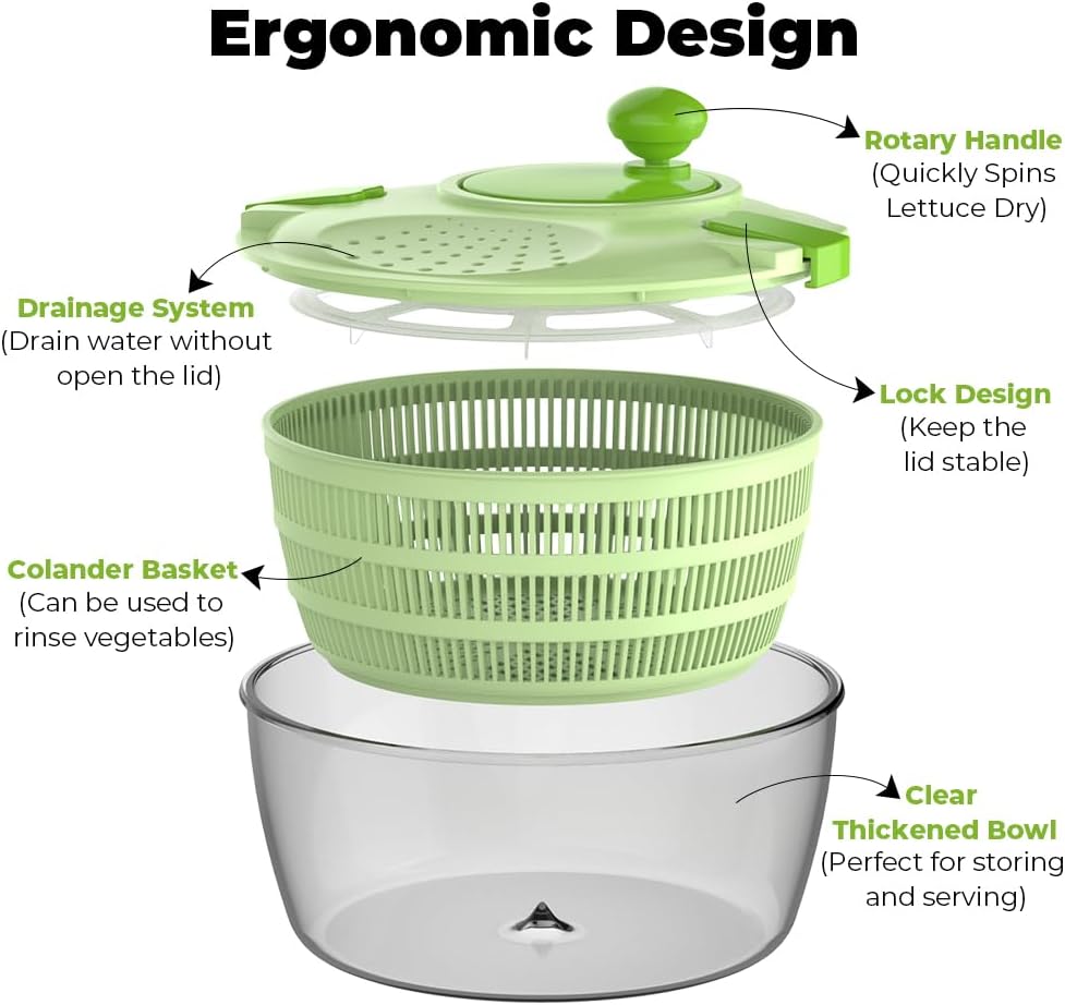 Salad Spinner, Fruit and Vegetable Washer, Spin and Dry Salad Greens, 3 QT Lettuce Spinner with Bowl and Mesh Basket