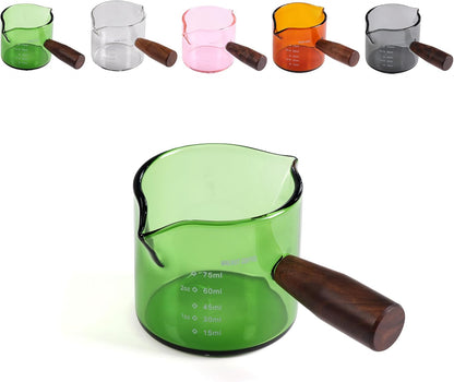 Amber 3.5oz Espresso Shot Glass Double Spouts with American Walnut Handle, Double Spout Glass Measuring Cup, Milk Frothing Pitcher