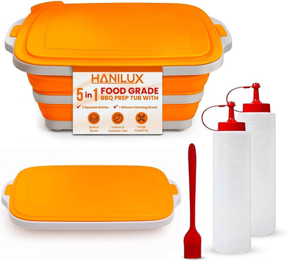 Collapsible BBQ Prep Tub, Meal Prep, Marinating Food Container, W/Cutting Board, Multi-Function Grill Caddy W/Colander & Lid, 8L Tub With/2 Squeeze Bottles1 Silicone Brush for Picnic- Camping-