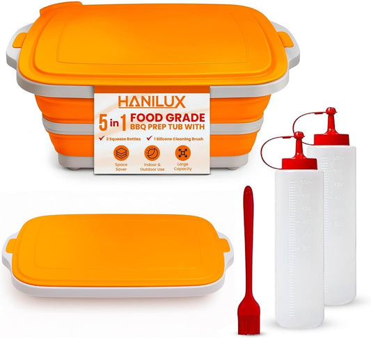 Collapsible BBQ Prep Tub, Meal Prep, Marinating Food Container, W/Cutting Board, Multi-Function Grill Caddy W/Colander & Lid, 8L Tub With/2 Squeeze Bottles1 Silicone Brush for Picnic- Camping-