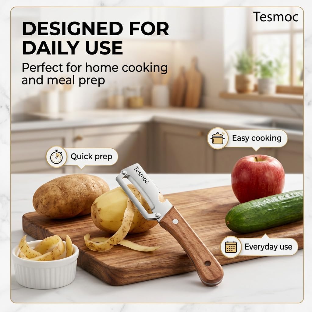 Multifunctional Vegetable Peeler for Kitchen, 2 Pack Stainless Steel Veggie Peeler Knife with Wooden Handle & Bottle Opener for Potato, Cucumber, Orange, Pineapple (2)
